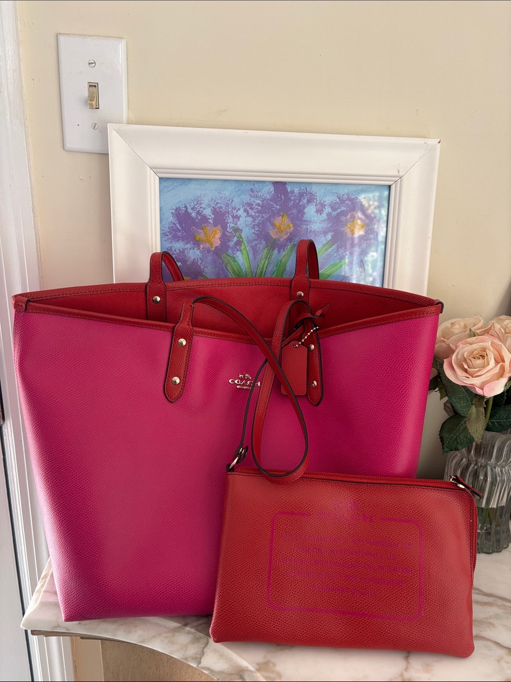 COACH Pink and Orange Red Leather XL City Tote & Wristlet Pouch Bag - Authentic!